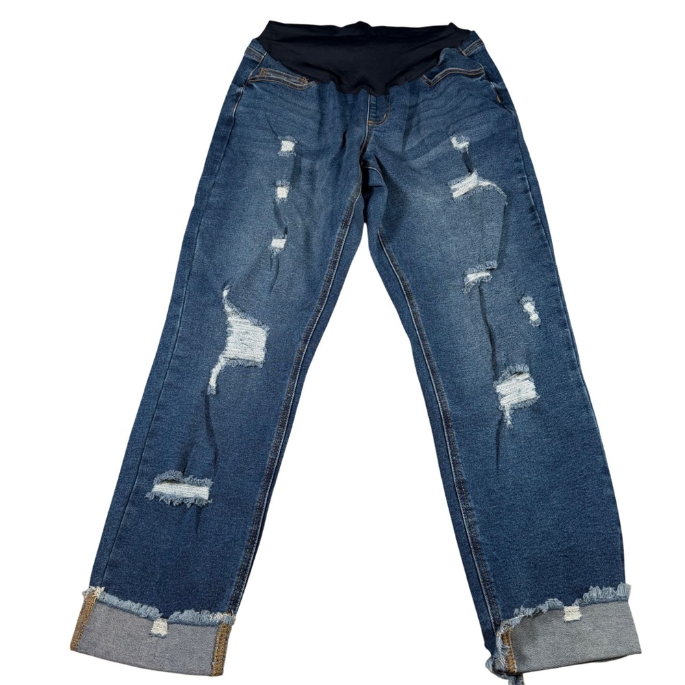 Savi Parker Destructed Cuffed Maternity Jeans Women M Blue Over the Belly NEW
